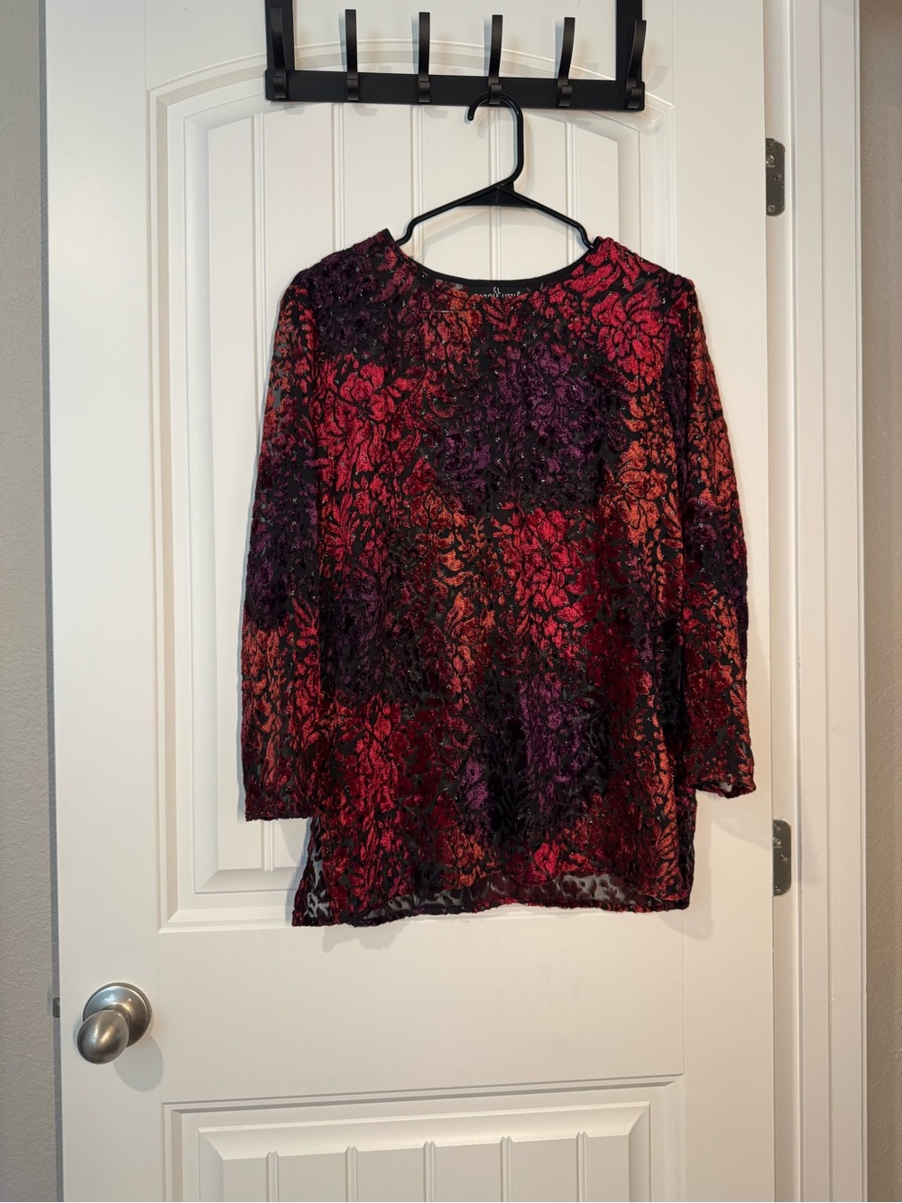 Carole Little Red and Purple Floral Burnout Long Sleeve Sheer Velvet Top